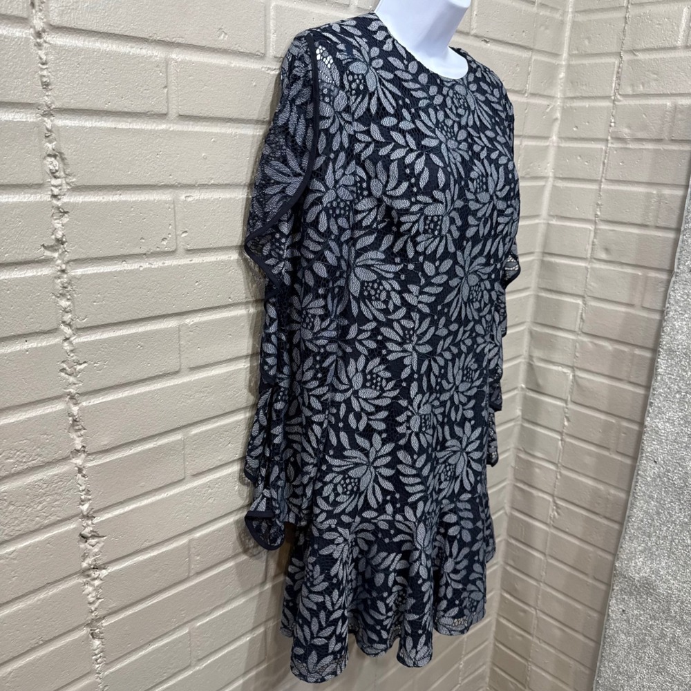 KEEPSAKE Engage Lace Long Sleeve Dress Floral Ruffle Mini Navy Blue Med - Picture 6 of 16